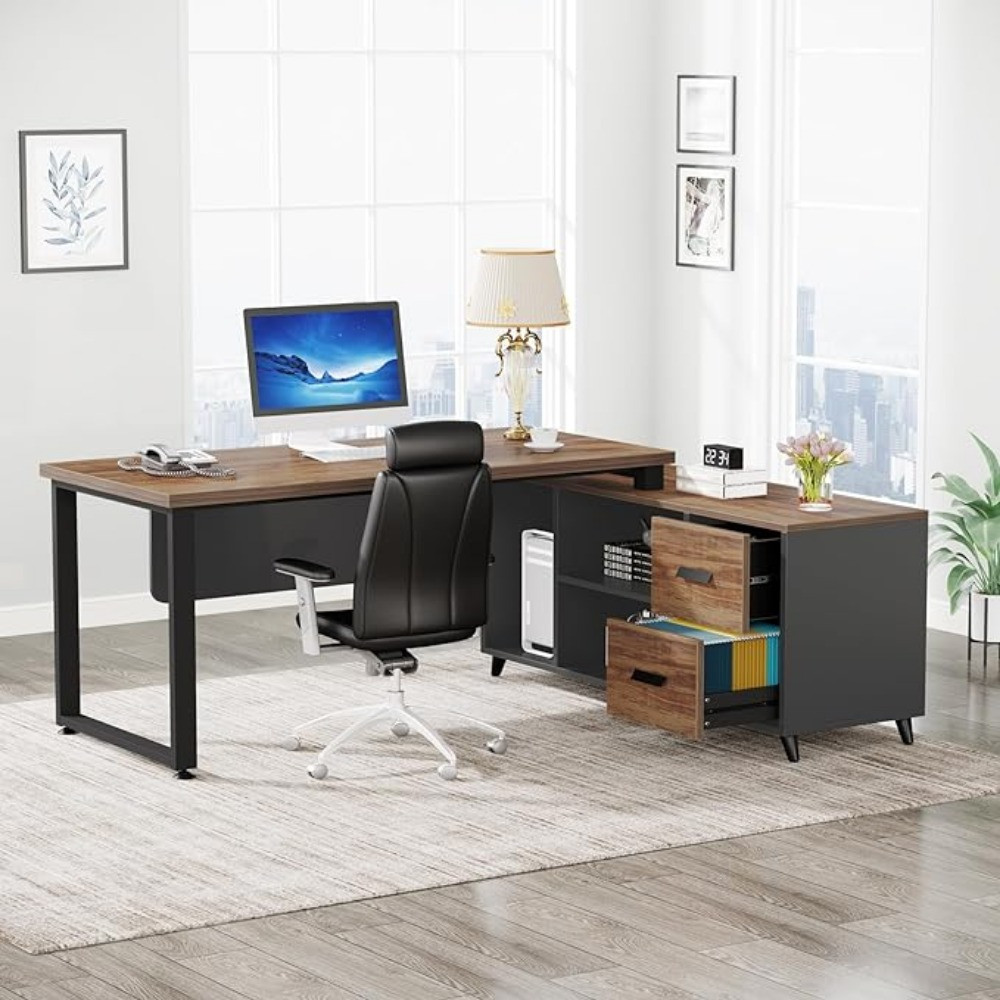 L-shaped desk with storage drawers and computer